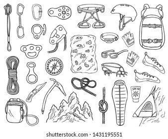 Set of hand-drawn climbing icons isolated on white background. Doodle black and white vector illustration of equipment, tools and accessories for alpinism and mountaineering