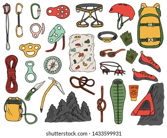 Set of hand-drawn climbing icons isolated on white background. Doodle color vector illustration of equipment, tools and accessories for alpinism and mountaineering