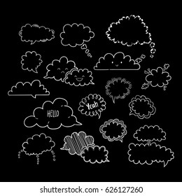 Set of hand-drawn cloud speech bubbles, black and white vector abstract illustration of speech bubbles, EPS 8