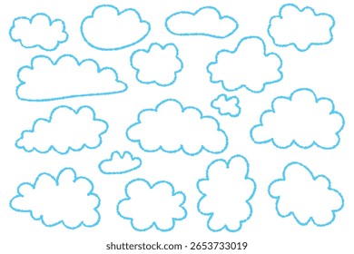 Conjunto de nubes dibujadas a mano en estilo de contorno azul
