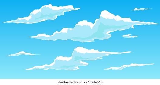 set of hand-drawn clouds on a blue sky background, vector illustration