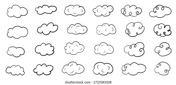 Set handgezeichnete Wolken.
Eine Vielzahl von Cloud-Symbolen mit einfachen Formen. Schwarz auf Weiß. Einzeln. Vektorgrafik