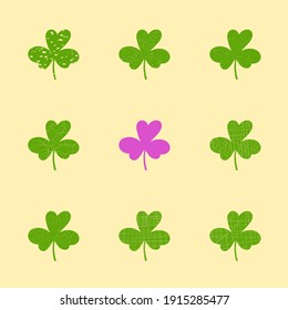 Set of hand-drawn clover leaves in grunge style.Collection of magical plant Shamrock.Decoration for St. Patrick's Day,trefoils and quatrefoils with different textures.Irish story.Isolated, vector