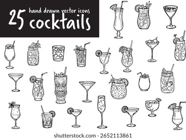 Conjunto de ícones de vetor de coquetel desenhados à mão em preto. Inclui margarita, mojito, martini, pina colada e muito mais. Perfeito para menus de bar, convites para festas e projetos de mixologia.
