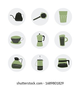 Set with hand-drawn coffee accessories.  A good template for a website, postcards, posters, stickers, bloggers, invitations. Round stickers with teapots, Cup, glass. Vector illustration