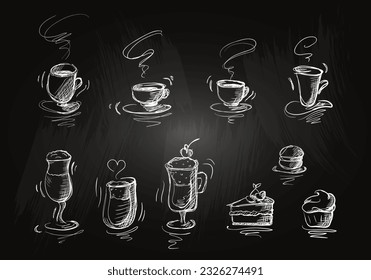 Set of hand-drawn coffee cups, cocktails and desserts. Stylized sketch coffee on a chalkboard. Fast sketch. Isolated.