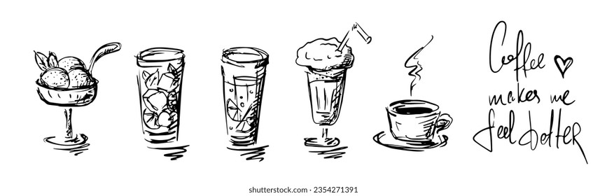 Se sirven cafés, cócteles y postres a mano. Doodle, boceto rápido. Café de sketch estilizado. El café me hace sentir mejor. Helado, batido de limonada. Aislado.