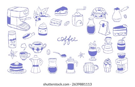 Set of hand-drawn coffee elements