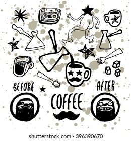 Set of hand-drawn coffee elements. Menu design for coffeehouse, cafe, restaurant. Vector illustration.