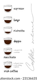 Set of hand-drawn coffee in glass cups. Sketch coffee menu on a white background. Isolated.