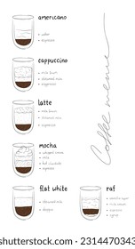 Set of hand-drawn coffee in glass cups. Sketch coffee menu on a white background. Isolated.