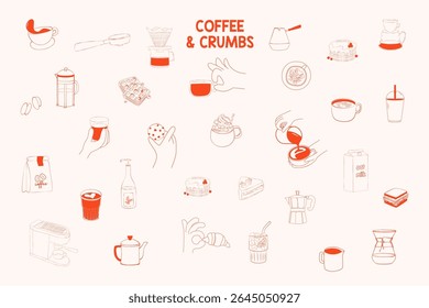 Set of hand-drawn coffee and pastry icons in minimal linear style. Includes cups, moka pot, croissant, cookies, espresso tools, and barista drinks. Perfect for menu design, stickers, branding