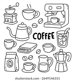 Ensemble de griffonnages dessinés à la main relatifs au café, notamment des tasses, des tasses, une machine à café, un moulin, une bouilloire, des haricots et des accessoires. Idéal pour les autocollants, les pages à colorier ou les éléments de design de café.