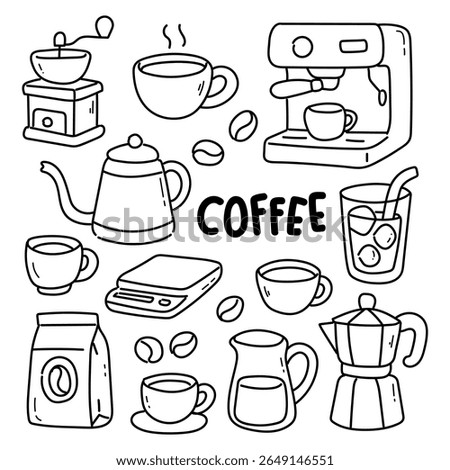 A set of hand-drawn coffee-related doodles including cups, mugs, coffee machine, grinder, kettle, beans, and accessories. Perfect for stickers, coloring pages, or café design elements.