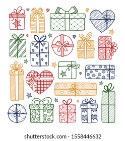 Set of hand-drawn color gift box on white background.