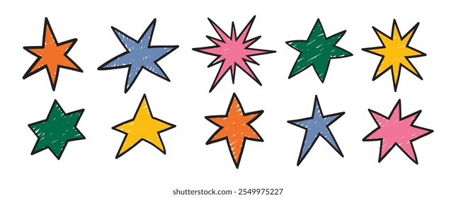 A set of hand-drawn and colored bright stars in a fun doodle style, created using felt-tip pens. Starry vector collection.