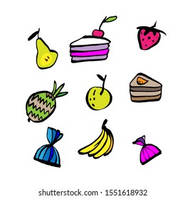 a set of hand-drawn colored desserts. Cakes, strawberries, pears, pineapple, bananas, sweets. vector