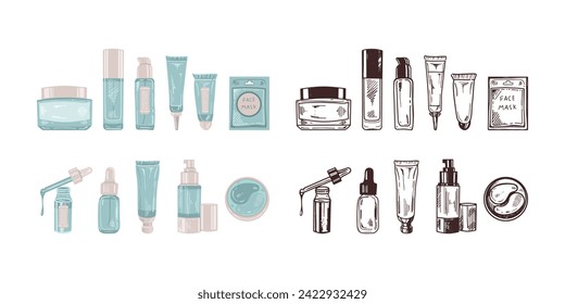 A set of hand-drawn colored flat and black doodle sketches of cosmetics, beauty, self-care elements. Illustration for beauty salon, cosmetic store, makeup design. Engraved image.