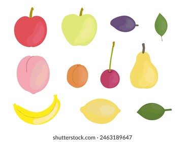 Set of hand-drawn colored fruits. Isolated on a white background. Vector set of fruit icons, illustrations. Apples, pear, peach, banana, apricot, lemon, cherry, plum.