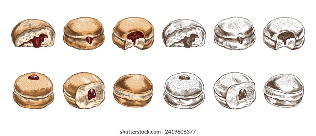 Un conjunto de bocetos coloreados a mano y monocromos de un donut tradicional alemán o polaco con mermelada, empolvado. Vintage. Dulces pasteleros, postre. Elemento para el diseño de etiquetas.