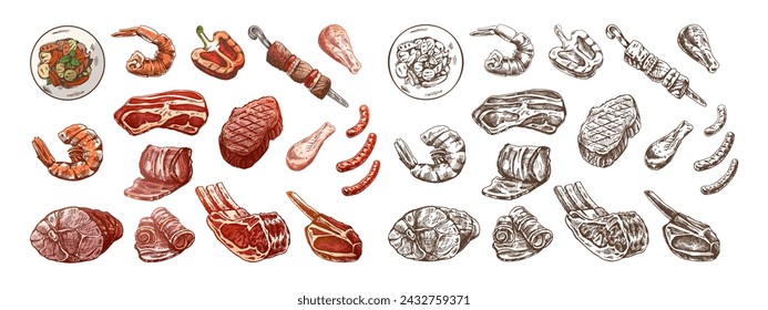 Set von handgezeichneten farbigen und monochromen Skizzen verschiedener Fleischsorten, Steaks, Garnelen, Hühnchen, gegrilltes Gemüse, Grill. Doodle Vintage Illustration. Graviertes Bild.	