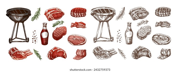 Set of hand-drawn colored and monochrome sketches of barbecue elements. For the design of the menu, grilled food. Doodle vintage illustration. Engraved image.	