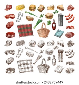 A set of hand-drawn colored and monochrome sketches of barbecue and picnic elements. For the design of the menu of restaurants and cafes, grilled food, meat. Engraved image.