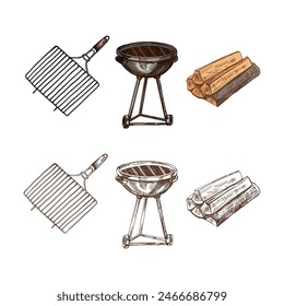 A set of hand-drawn colored and monochrome sketches of barbecue and picnic elements, barbecue grill, firewood. For the design of the menu, grilled food.