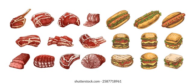 Set of hand-drawn colored and monochrome sketches of different types of meat, steaks, chicken, kebabs, bacon, tenderloin, pork, beef, ham, barbecue. Vintage illustration. 