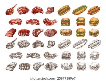 Set of hand-drawn colored and monochrome sketches of different types of meat, steaks, chicken, kebabs, bacon, tenderloin, pork, beef, ham, barbecue. Vintage illustration. 