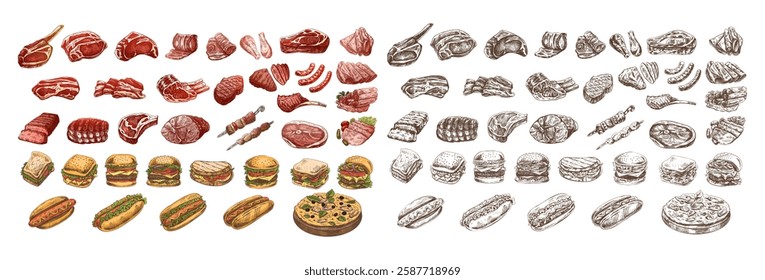 Set of hand-drawn colored and monochrome sketches of different types of meat, steaks, chicken, kebabs, bacon, tenderloin, pork, beef, ham, barbecue. Vintage illustration. 