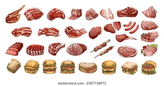 Set of hand-drawn colored and monochrome sketches of different types of meat, steaks, chicken, kebabs, bacon, tenderloin, pork, beef, ham, barbecue. Vintage illustration. 