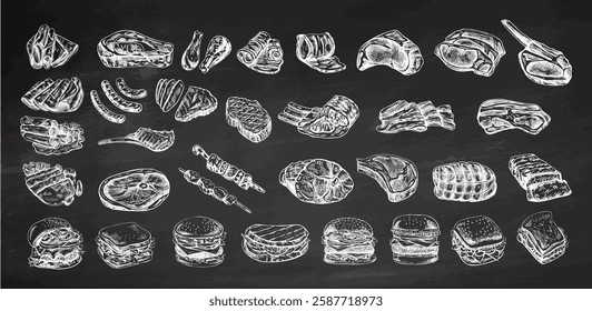 Set of hand-drawn colored and monochrome sketches of different types of meat, steaks, chicken, kebabs, bacon, tenderloin, pork, beef, ham, barbecue. Vintage illustration. 