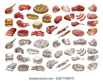 Set of hand-drawn colored and monochrome sketches of different types of meat, steaks, chicken, kebabs, bacon, tenderloin, pork, beef, ham, barbecue. Vintage illustration. 