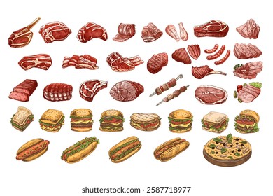 Set of hand-drawn colored and monochrome sketches of different types of meat, steaks, chicken, kebabs, bacon, tenderloin, pork, beef, ham, barbecue. Vintage illustration. 