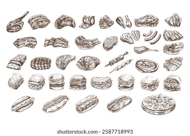 Set of hand-drawn colored and monochrome sketches of different types of meat, steaks, chicken, kebabs, bacon, tenderloin, pork, beef, ham, barbecue. Vintage illustration. 