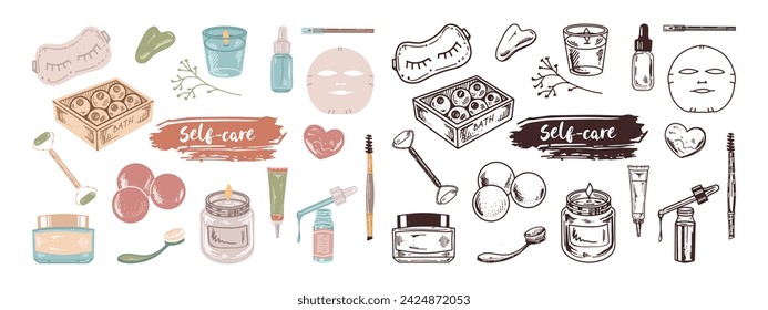 Un conjunto de dibujos hechos a mano de colores y bocetos de garabatos de cosméticos, belleza, elementos de autocuidado.  Ilustración para salón de belleza, tienda de cosméticos, diseño de maquillaje. Diseño plano.