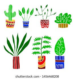 Set of handdrawn colored plants in pots.