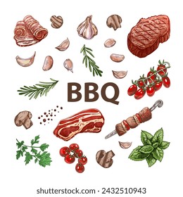 Set of hand-drawn colored sketches of barbecue elements. For the design of the menu of restaurants and cafes, grilled food. Doodle vintage illustration. Engraved image.