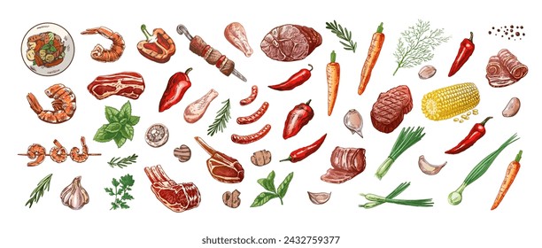 Set of hand-drawn colored sketches of barbecue and picnic elements, meat. For the design of the menu, grilled food. Doodle vintage illustration. Engraved image.