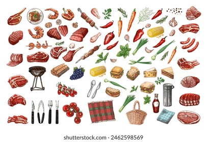 Set of hand-drawn colored sketches of barbecue and picnic elements, meat. For the design of the menu of restaurants, grilled food. Doodle vintage illustration. Engraved image.