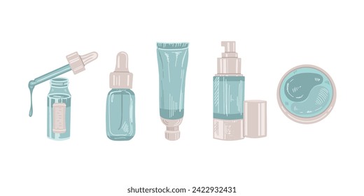 A set of hand-drawn colored sketches of cosmetics, beauty, self-care elements. Illustration for beauty salon, cosmetic store, makeup design. Engraved image.