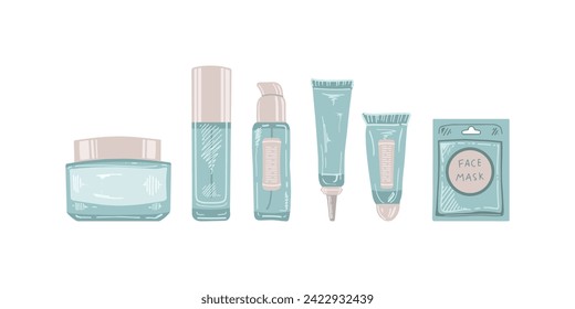 A set of hand-drawn colored sketches of cosmetics, beauty, self-care elements. Illustration for beauty salon, cosmetic store, makeup design. Engraved image.