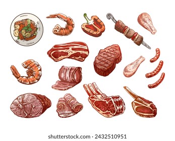 Conjunto de bocetos de colores dibujados a mano de diferentes tipos de carne, filetes, camarones, pollo, verduras a la parrilla, barbacoa. Ilustración vintage de Doodle. Imagen grabada.