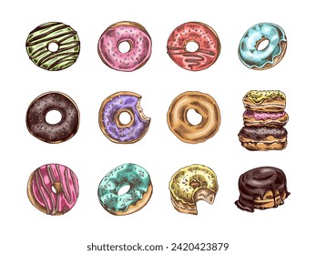 A set of hand-drawn colored sketches of donuts. Vintage illustration. Pastry sweets, dessert. Element for the design of labels, packaging and postcards.