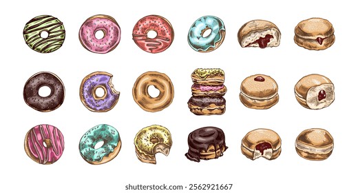 A set of hand-drawn colored sketches of donuts. Vintage illustration. Pastry sweets, dessert. Element for the design of labels, packaging and postcards.