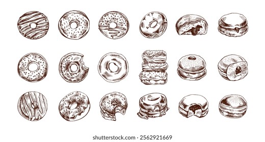 A set of hand-drawn colored sketches of donuts. Vintage illustration. Pastry sweets, dessert. Element for the design of labels, packaging and postcards.