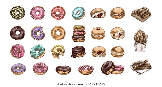 A set of hand-drawn colored sketches of donuts. Vintage illustration. Pastry sweets, dessert. Element for the design of labels, packaging and postcards.