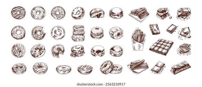 A set of hand-drawn colored sketches of donuts. Vintage illustration. Pastry sweets, dessert. Element for the design of labels, packaging and postcards.