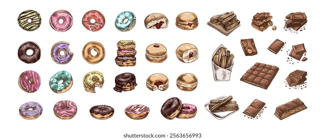 A set of hand-drawn colored sketches of donuts. Vintage illustration. Pastry sweets, dessert. Element for the design of labels, packaging and postcards.